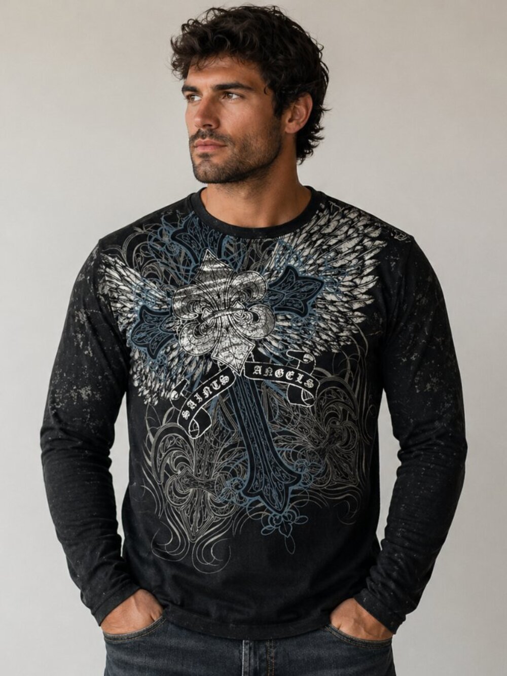 Xzavier Long Sleeves Shirt Men's XL Black Skull Wings Sword Gothic Biker